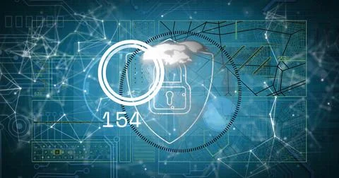 Displaying shield with padlock and cloud on digital dashboard, showing HUD rings Stock Photos