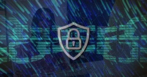 Displaying shield padlock icon hovering over hooded woman in virtual space, with Foto stock