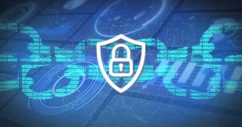 Displaying shield with padlock icon securing virtual network, with floating code Stock Photos