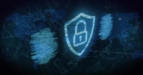 Displaying shield with padlock in network over world map with fingerprint Illustrazione stock