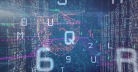 Displaying shield with padlock in network with streaming code, candlesticks and Stockfoto's