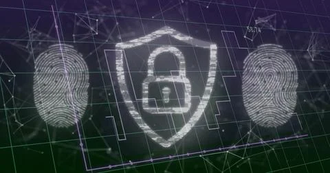 Displaying shield securing data in grid, with padlock symbol, fingerprints and 스톡 사진