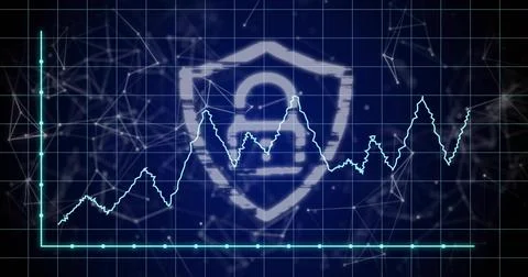 Displaying shield-shaped padlock overlaying neon cyan jagged graph on cyber Ilustración de archivo