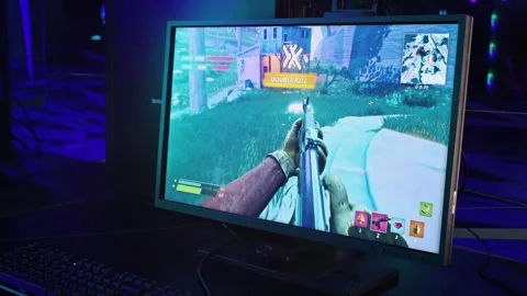 Displaying the shooting skill in the mockup fake battle royale computer game Stock Footage 246716448