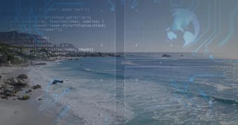 Displaying shoreline with waves rolling onto sandy beach in sun, with code Stock Photos
