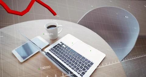 Displaying silver laptop centered on round table at cafe showing tablet Stock Photos
