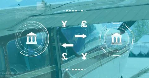 Displaying single-engine fuselage and cockpit window on tarmac with bank icon Stock Photos