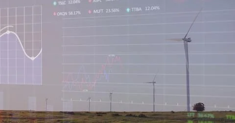 Displaying single large wind turbine standing over grassland with overlaid stock Stock Illustration
