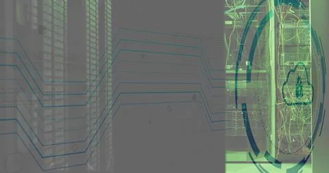 Displaying single server rack on right in data center, showing patch cables, Stock Illustration