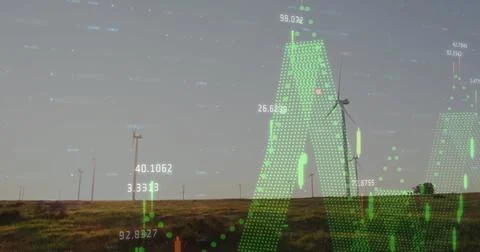 Displaying single wind turbine showing energy output on grassy plain, with green Stock Illustration