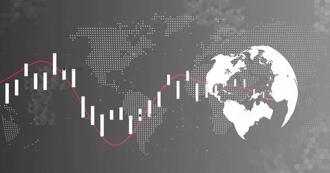 Displaying sinuous red trend line and white candles on digital dashboard, Stock Photos