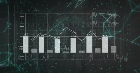 Displaying six bars with line graph in dashboard, with world map, inset wavef Ilustración de archivo