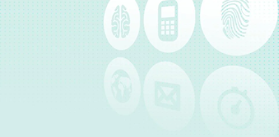 Displaying six floating white tech icons on pale turquoise gradient dotted grid, Ilustración de archivo