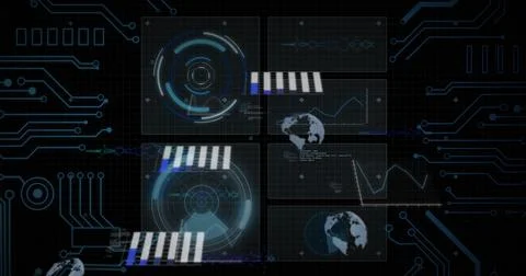 Displaying six-panel holographic dashboard cluster centered on console, showing Stock Illustration