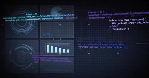 Displaying six panel visualization interface overlaying dark grid, showing HUD Stock-Fotos
