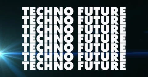 Displaying six-row bold white TECHNO FUTURE text on screen, featuring blue le Stock Illustration