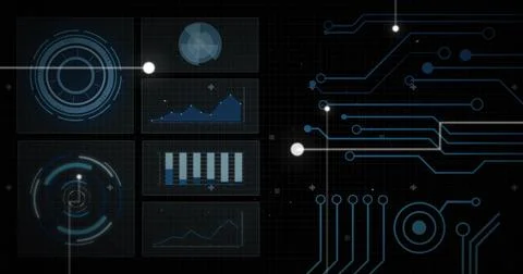 Displaying six translucent panels on left of HUD grid, showing radar, charts, Stock Photos