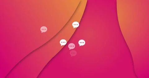 Displaying six white speech bubble icons floating over warm gradient panels, Illustrazione stock