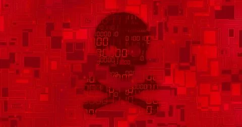 Displaying skull-and-crossbones on digital grid, with binary digits, maze lines 스톡 일러스트