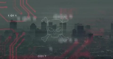 Displaying skull-and-crossbones hovering over city skyline, with red circuits Stock Photos