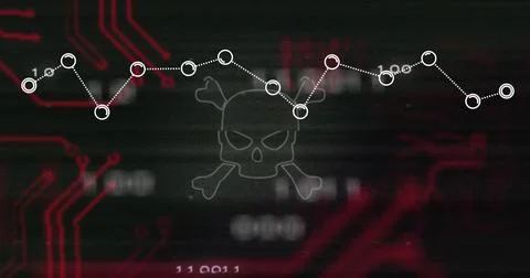Displaying skull and crossbones indicating malware threat on PC screen, with red Stock Photos