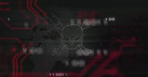 Displaying skull crossbones hovering over dotted map on cyber screen showing  Stock Illustration