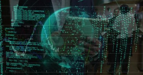 Displaying skull-globe with teal code on glass, showing phone in dark jacket, 写真素材