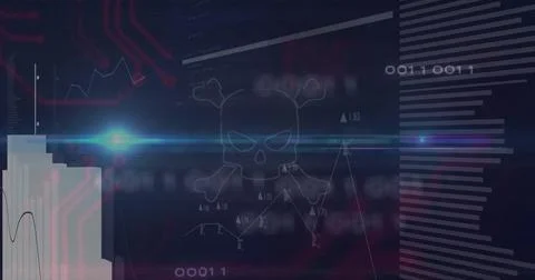 Displaying skull glyph centering in cyber HUD, with line graph, bars, barcode, Illustrazione stock
