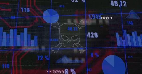 Displaying skull icon on glossy screen showing bars, pies, area graph, blue Stock Illustration