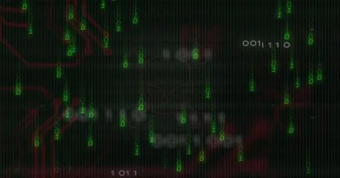 Displaying skull icon at hacking terminal center, with falling green binary Stock Photos