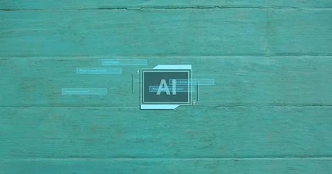 Displaying small dark panel labeled AI on teal wood table with faint chat Foto stock