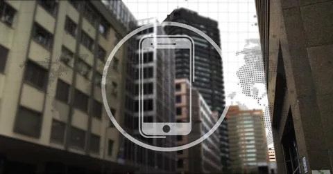 Displaying smartphone icon in circular overlay over blurred urban street, with Stock Photos