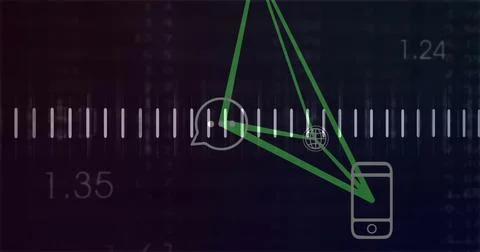 Displaying smartphone icon linking chat and globe via green lines on digital 스톡 일러스트