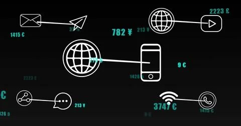 Displaying smartphone outline linking to globe on dark dashboard, showing icons Stock-Illustration