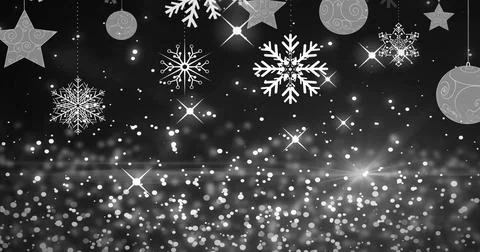 Displaying snowflake, star, bauble ornaments glinting on festive backdrop with 스톡 일러스트