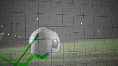 Displaying soccer ball sitting on grass pitch at stadium, with wiregrid, green Stock Footage 331634284