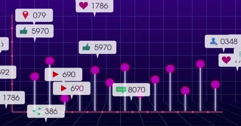 Displaying social media analytics chart with rising bars, spheres, icon callo Illustrazione stock