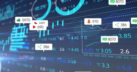 Displaying social media notification bubbles on blue console with bar charts Stock Illustration