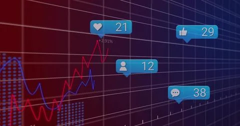 Displaying social metrics on dashboard with 3D grid, red and blue line charts, Stock Illustration