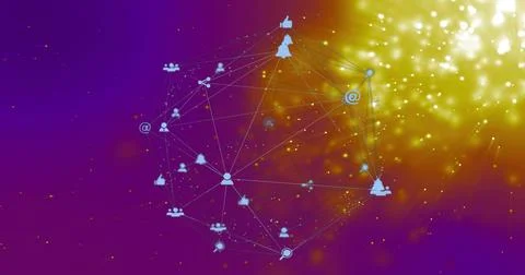 Displaying social network graph in purple-gold backdrop showing user, group, , Ilustración de archivo