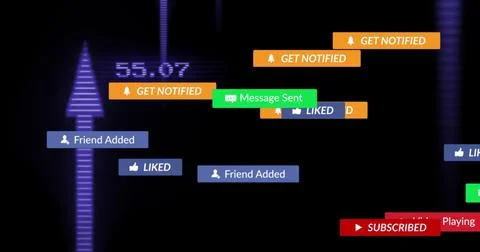 Displaying social notification badges floating on dark dashboard, showing purple Illustrazione stock