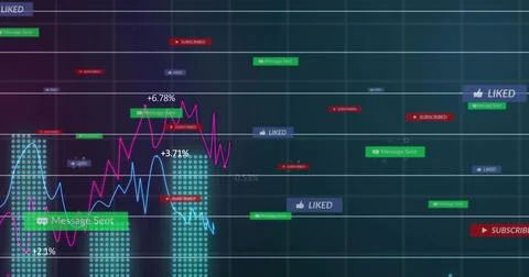 Displaying social UI on dash showing magenta or cyan lines, teal bars, message Ilustración de archivo