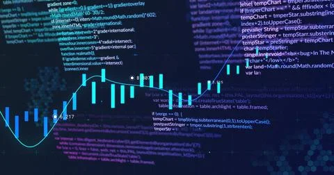 Displaying software dashboard showing cyan candlestick bars and flowing line Foto stock