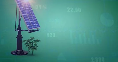 Displaying solar panel with potted plant on green gradient, showing data Illustrazione stock
