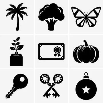 Displaying solid black silhouette icons a tropical palm tree, fresh broccoli, Stock Illustration