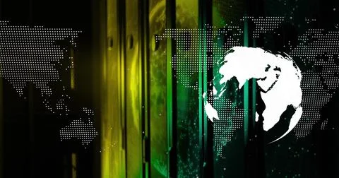 Displaying solid white globe hovering in virtual data interface, with dotted Stock Photos