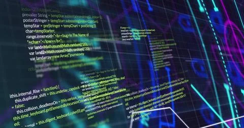 Displaying source code block moving across dark grid in hologram, neon cyan Illustrazione stock