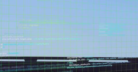 Displaying source code blocks scrolling on screen in dark office, with green Stock Photos