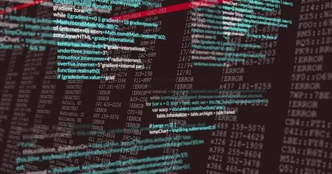 Displaying source code overlay on dev screen at desk, with ERROR columns, teal Stock Illustration