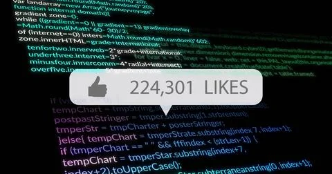 Displaying speech bubble covering code on editor screen, with thumbs-up icon and Stock Illustration